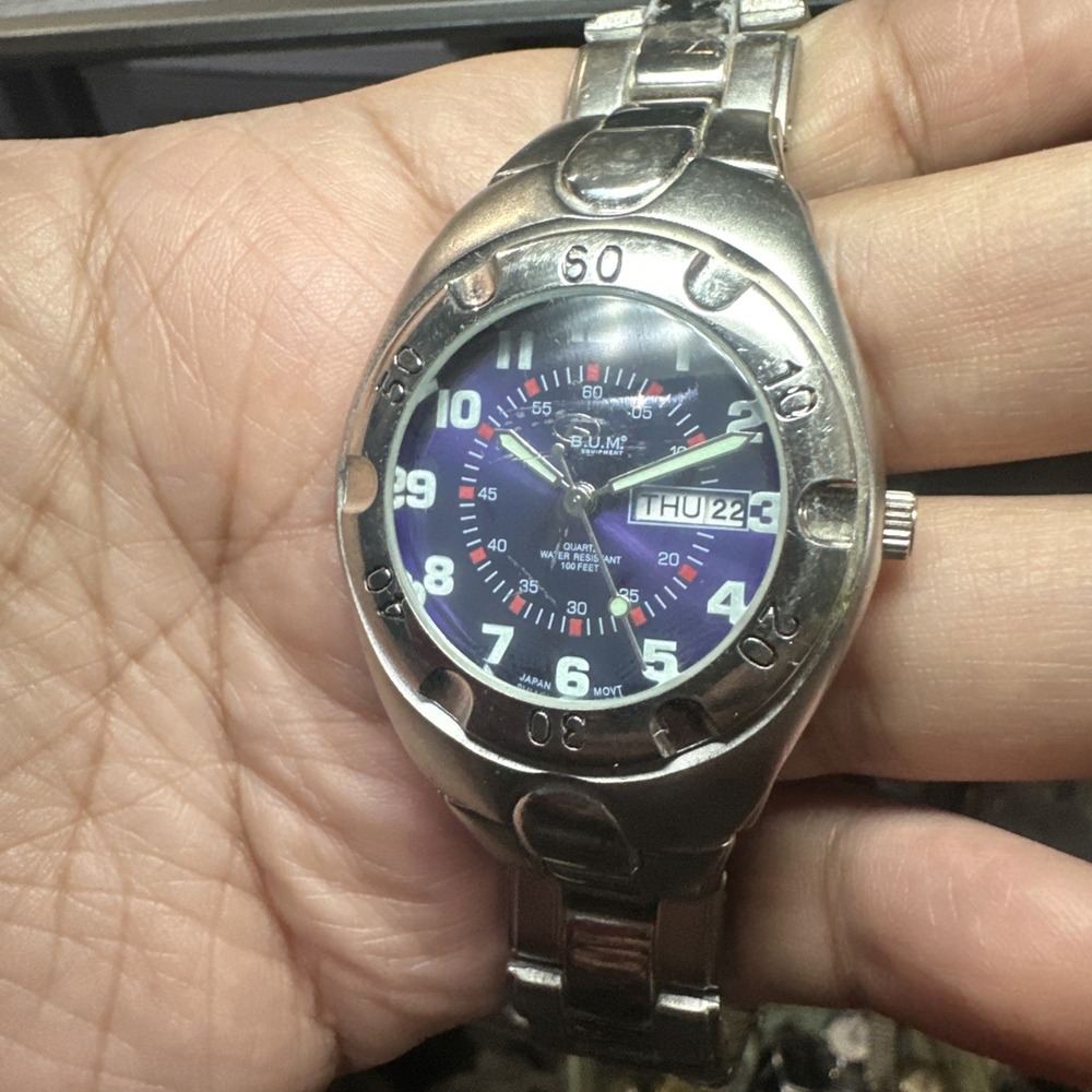 Working B.U.M Equipment Purple Dial Silver Tone Mens Watch Lume‎ 39mm Fit 7.5in